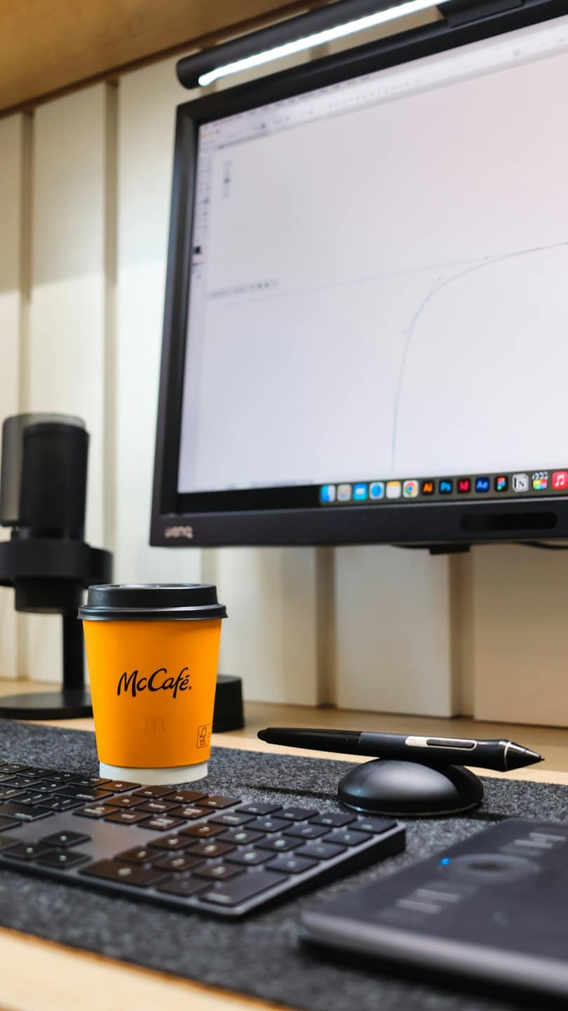 Professional design workstation with an orange coffee cup on a desk.